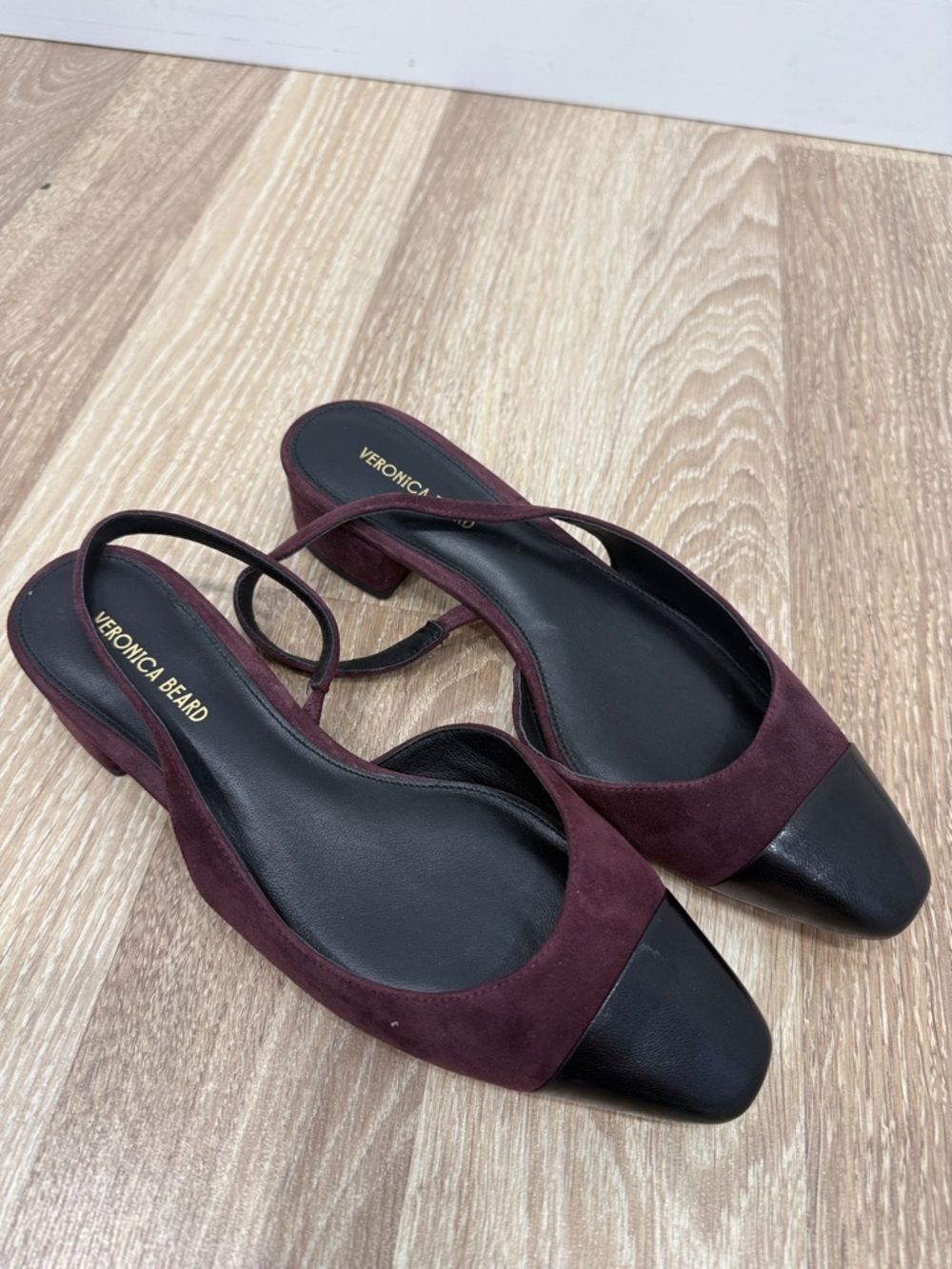 Veronica Beard Burgundy and Black Suede Slingback Mules